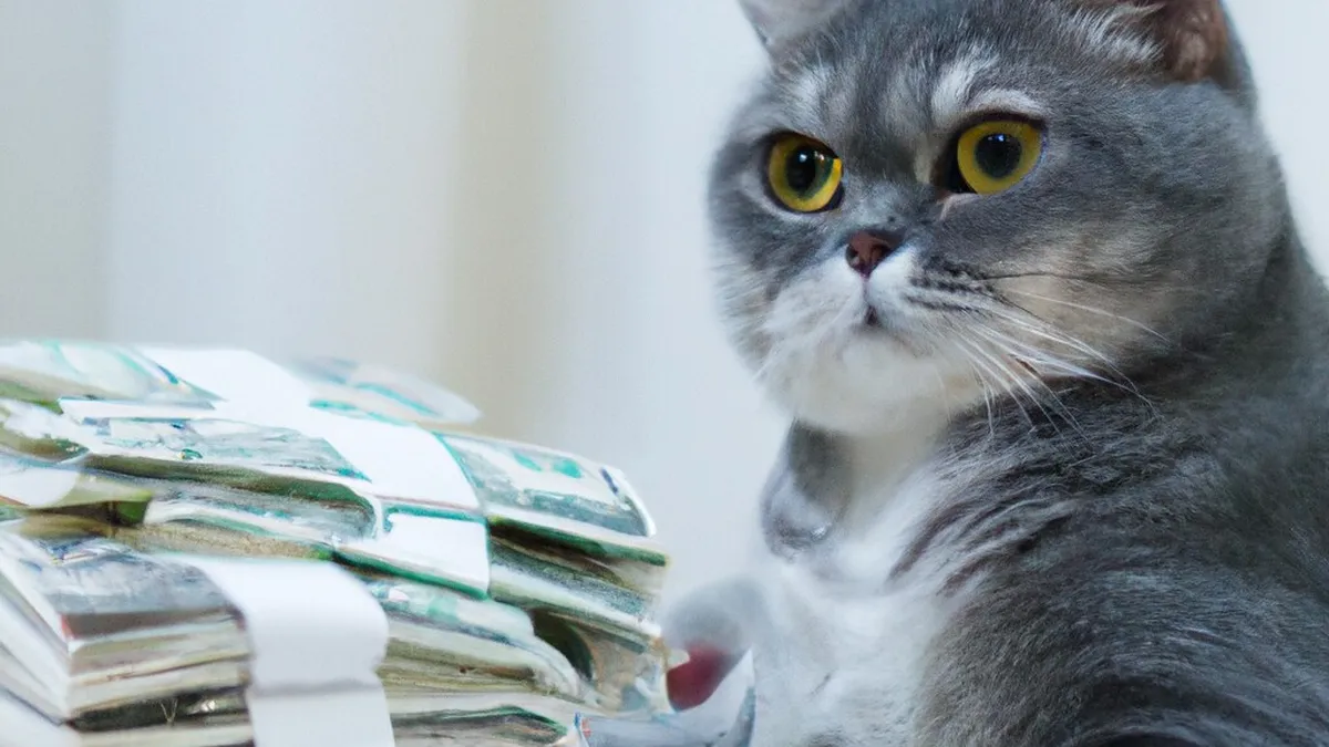 A grey cat sitting next to stacks of banknotes